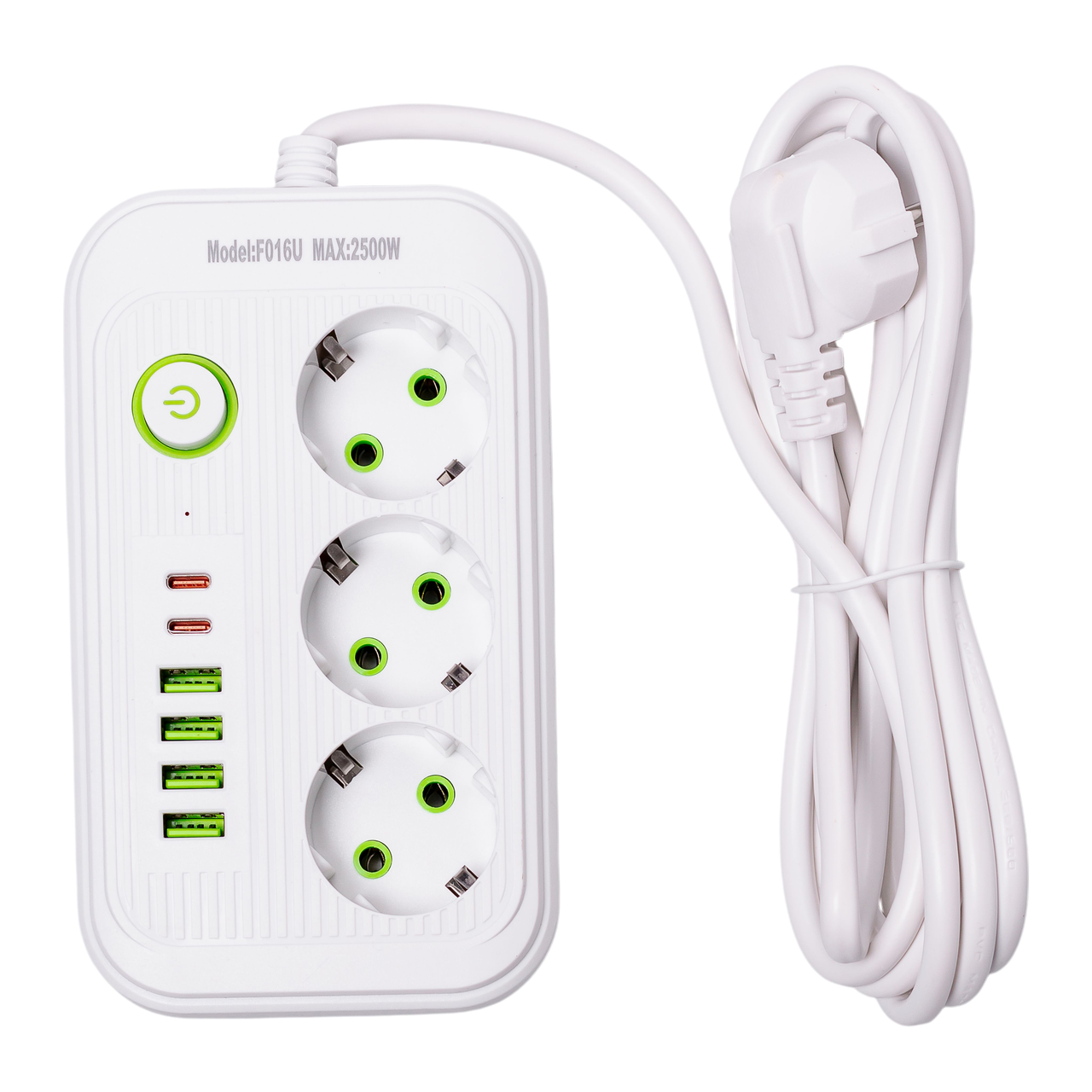 Фильтр сетевой кабель F16 на 3 розетки 4 USB 2 type-c и кнопкой отключения HP-5-19 2,7 м Белый (A-034380)