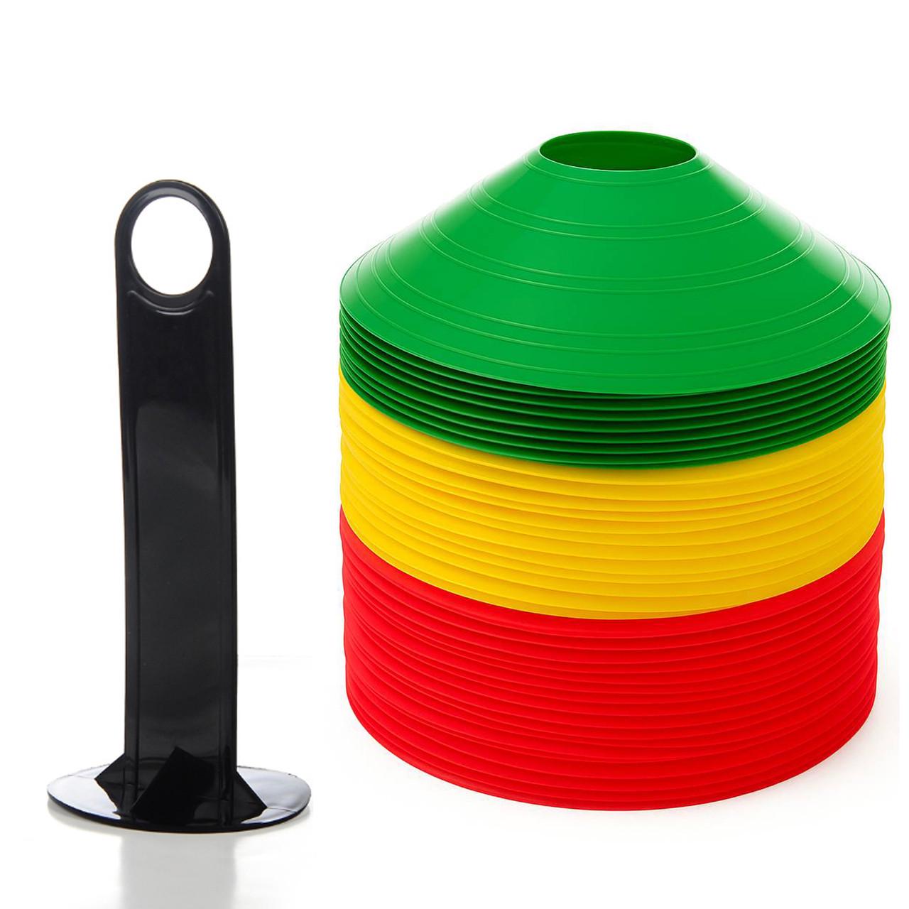 Набор тренировочных разметочных фишек для футбола Feel Fit 50 штук с подставкой