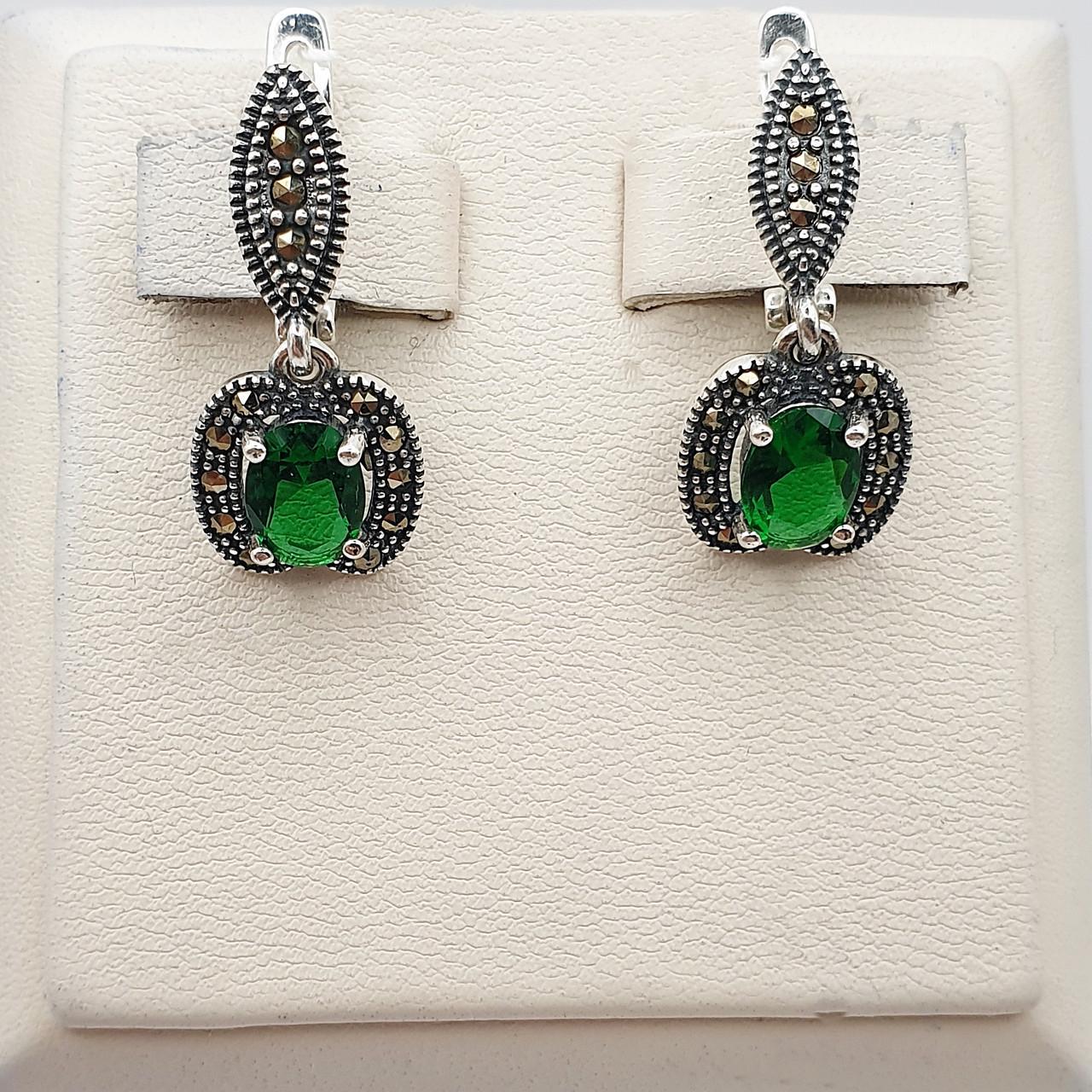 Серебряные серьги с изумрудом и марказитом 5,92 г (2729513467)