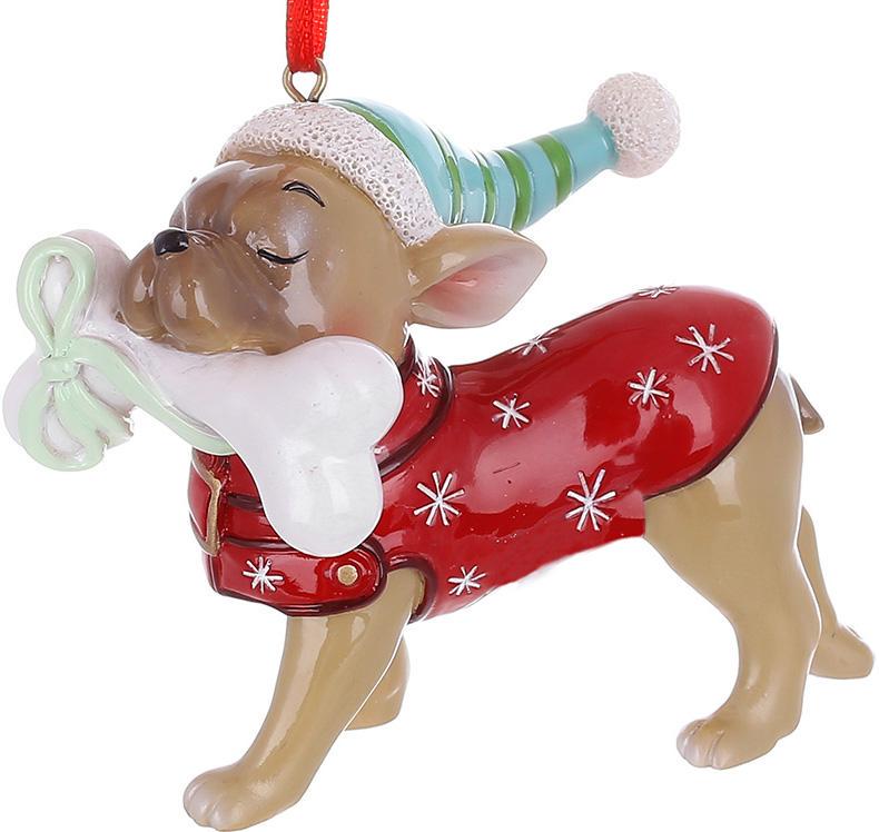 Фигурка подвесная декоративная Бульдог в костюме Эльфа 10х7 см Фигурка подвесная декоративная Бульдог в костюме Эльфа 10х7 см