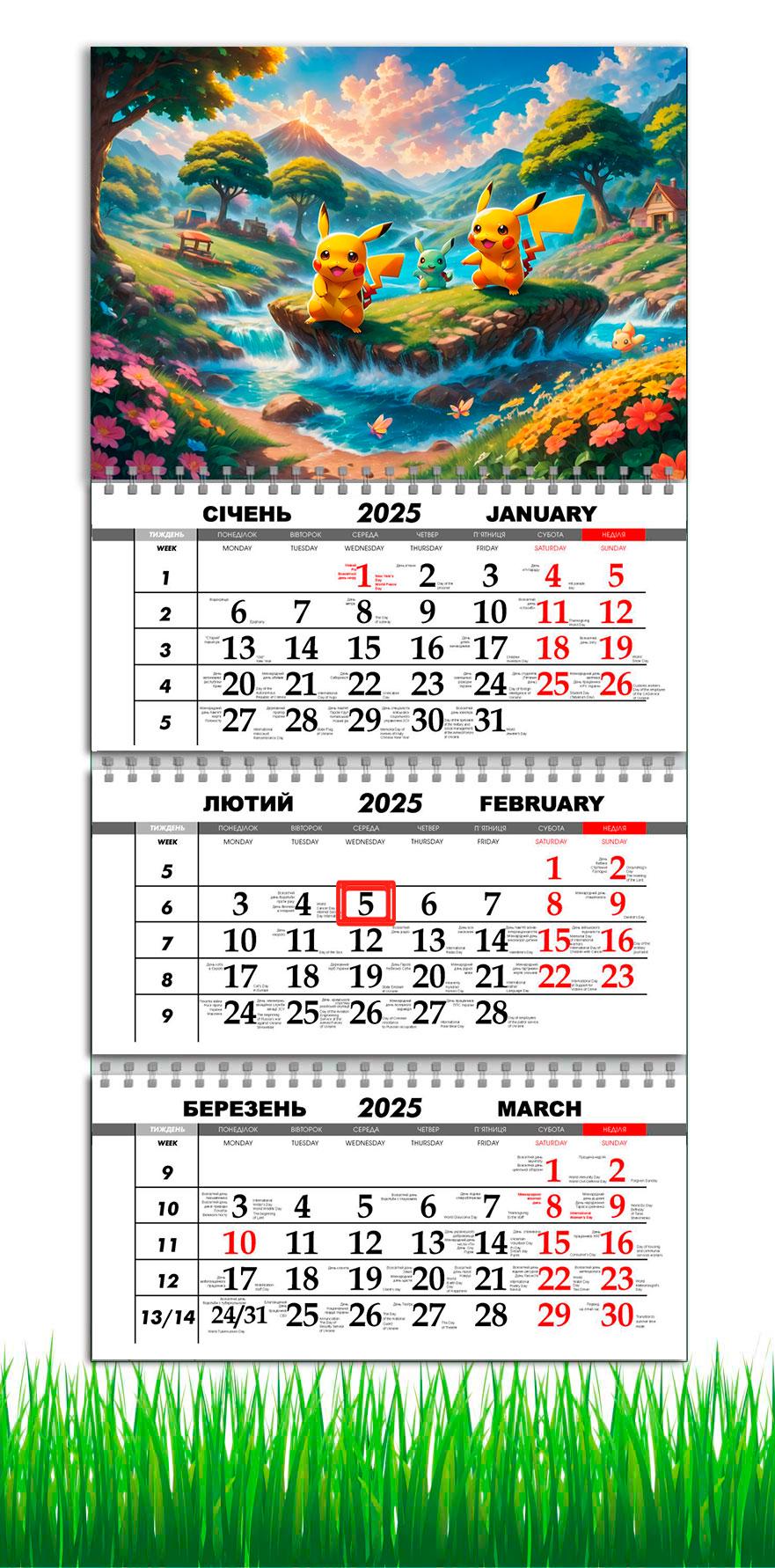 Календарь настенный квартальный на 2025 год APRIORI Пикачу/Покемон на 3 пружины 30х61 см (UA2993)