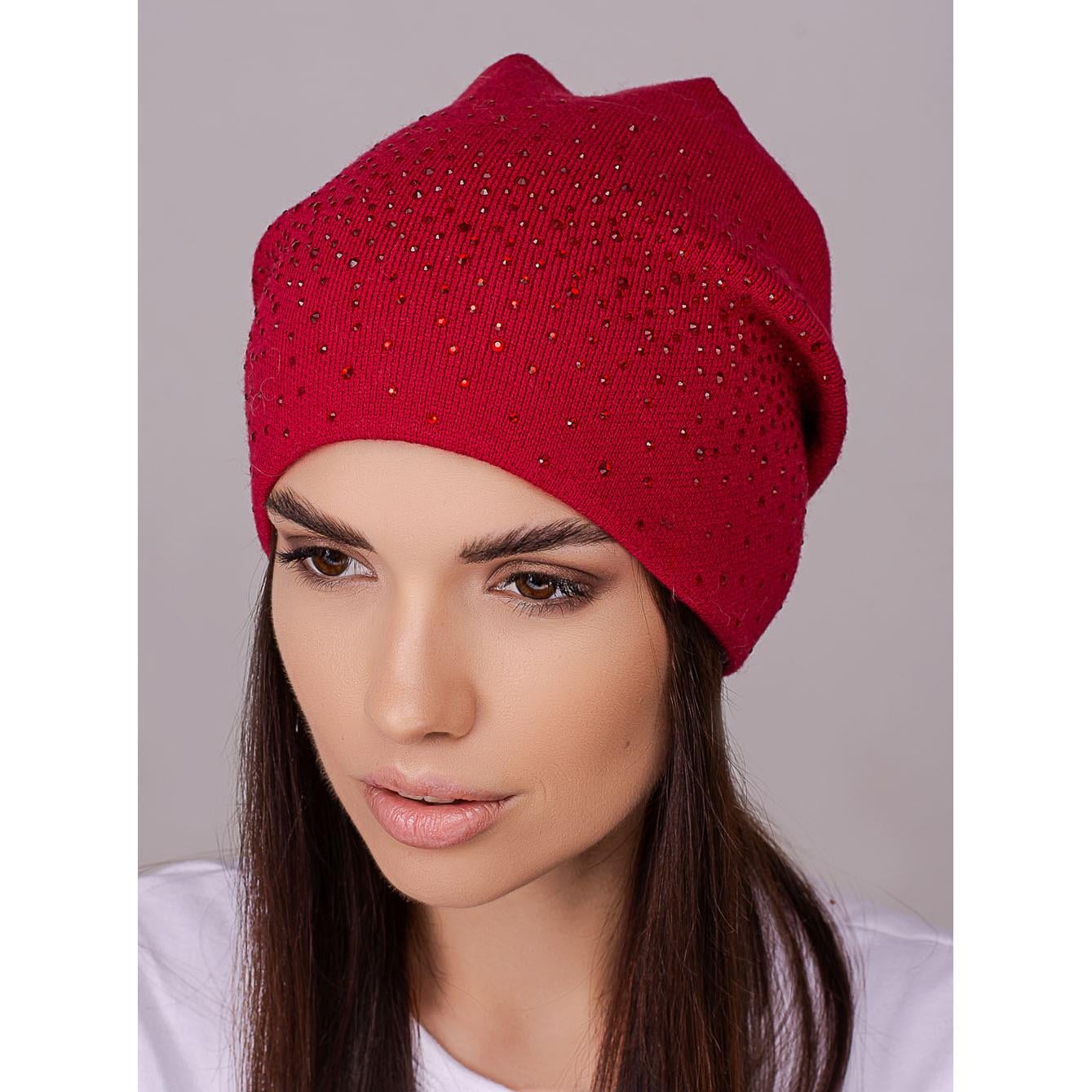 Шапка женская Leks ДЕНИМ с добавлением кашемира сзади сцеплена утеплена флисом и украшена стразами one size Красный (215341)