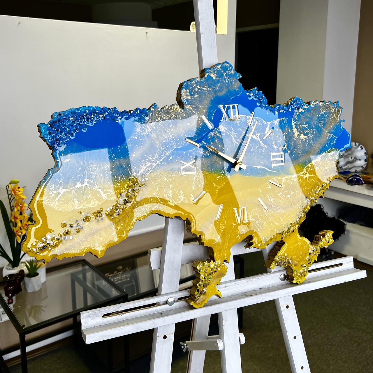 Годинник настінний з епоксидної смоли Карта України 100x65 см