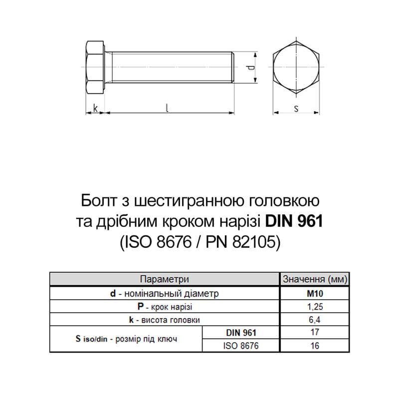 Болт шестигранная головка Metalvis DIN961 М10х40 полная резьба мелкий шаг 1,25 мм сталь 10.9 цинк под ключ 17 мм 100 шт. (5T60005T6X01254007) - фото 2