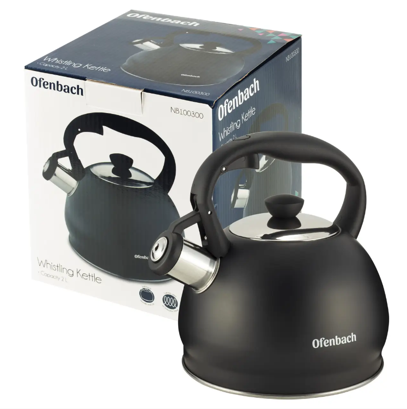 Чайник Ofenbach KM-100300 2 л з нержавіючої сталі зі свистком та нейлоновою ручкою для індукції та газу Чорний (NA002466)