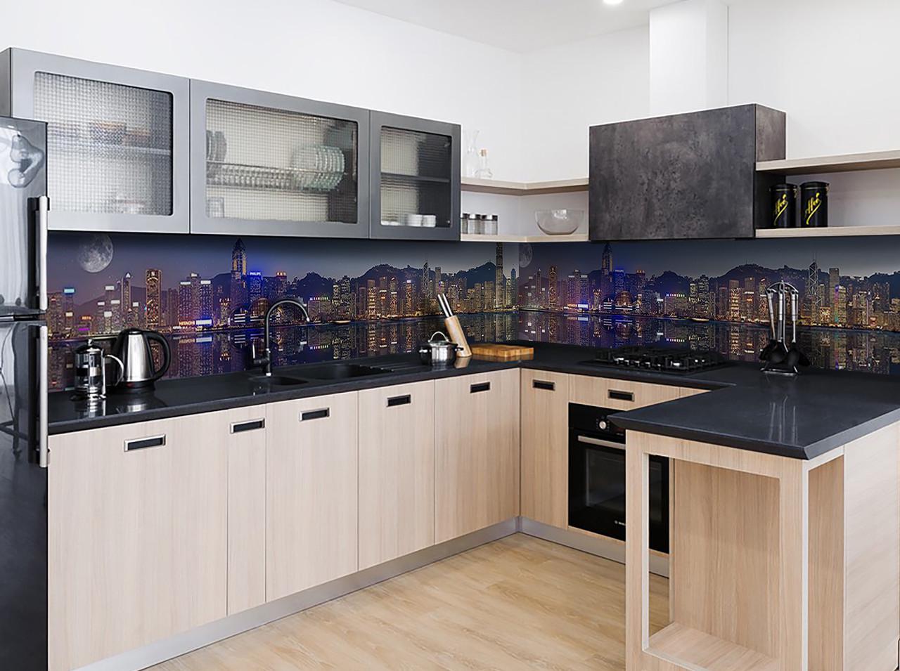 Кухонный фартук Ночные небоскребы из самоклеющейся виниловой пленки 60х300 см Синий