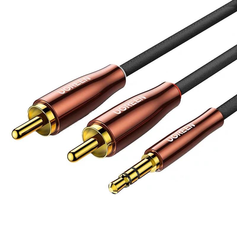 Аудиокабель 3,5 мм на 2 RCA UGREEN AV170 2 м штекеры с обеих сторон стерео хлопковая оплетка позолоченные разъемы Коричневый (80847)