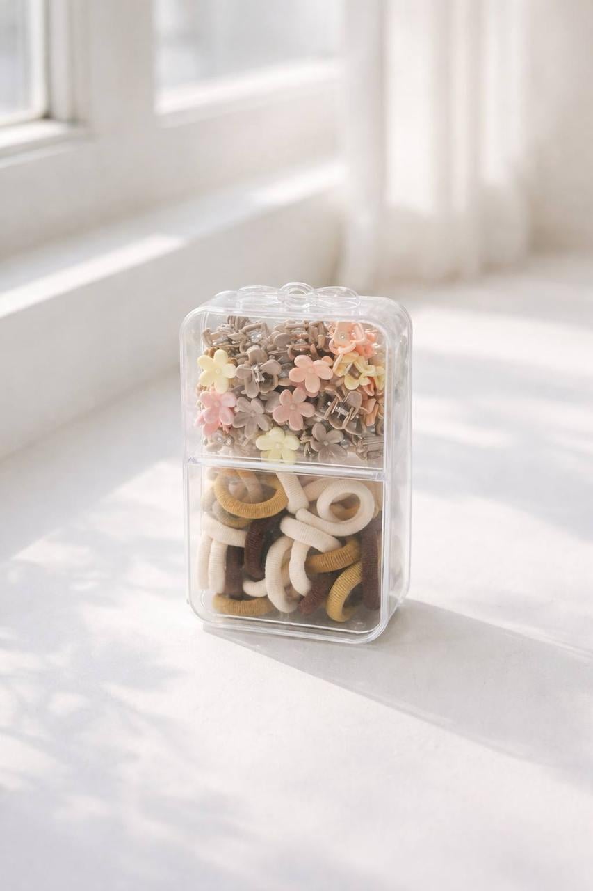 Набор аксессуаров для волос 2 в 1 миникрабики в форме цветов и резинки в боксе Разноцветный (2905909815)