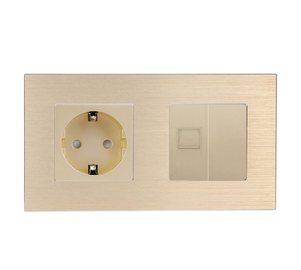 Розетка настенная WALLPAD силовая/интернет RJ-45 дизайнерская алюминиевая рамка Золотой (WP-M2FCAT6BLK-GD)