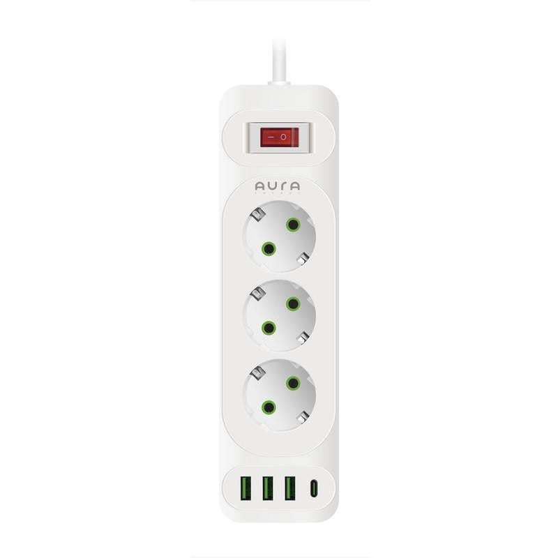 Фильтр-удлинитель сетевой Aura Energy 3/3 USB-A/USB-C PD 2 м White