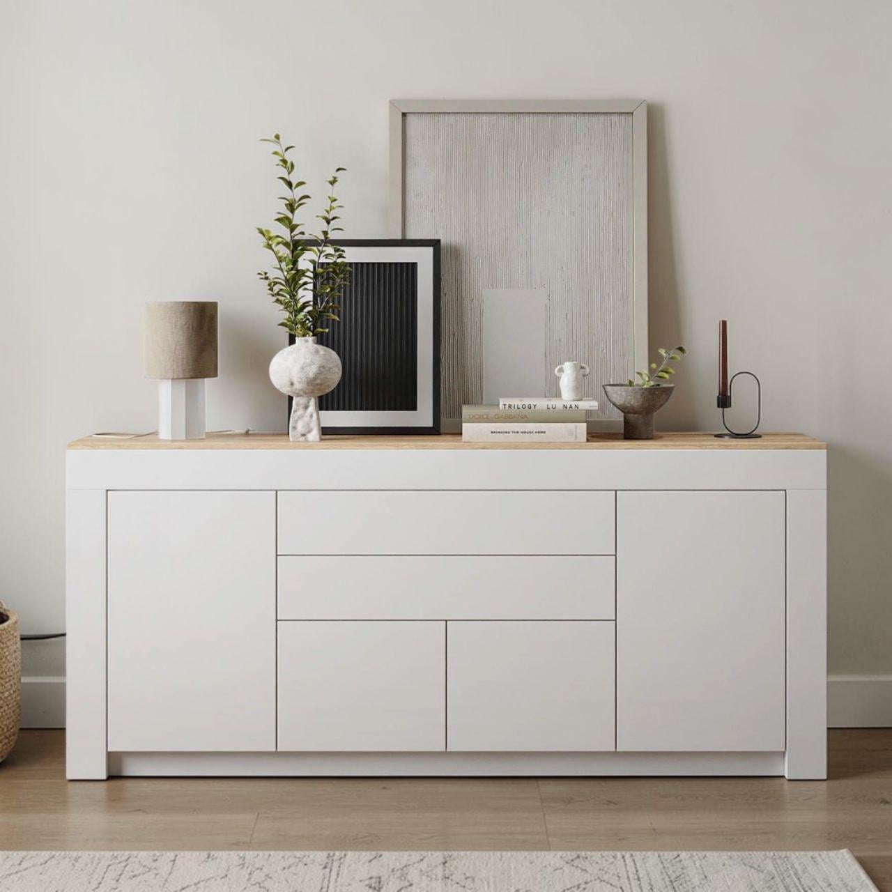 Комод Белый 190 см с дверками и ящиками без ручек Ларри-2 1900x350x840 мм Белый/Дуб Аппалачи