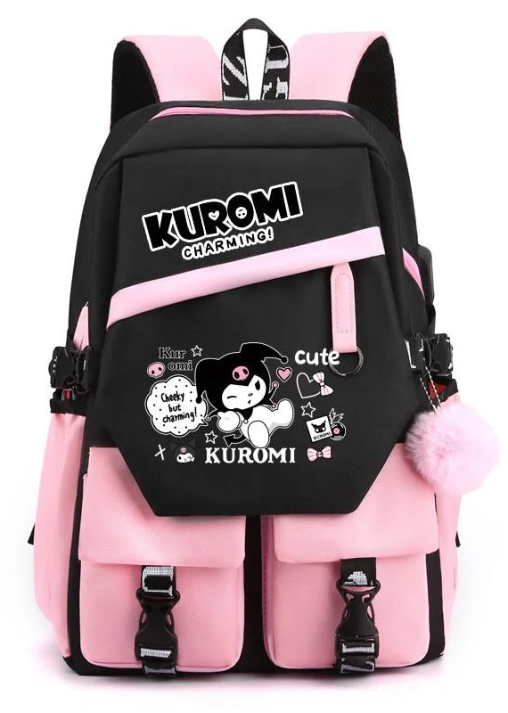 Школьный рюкзак для девочки KUROMI в японском стиле с помпоном и USB-кабелем PINK (2444710993)