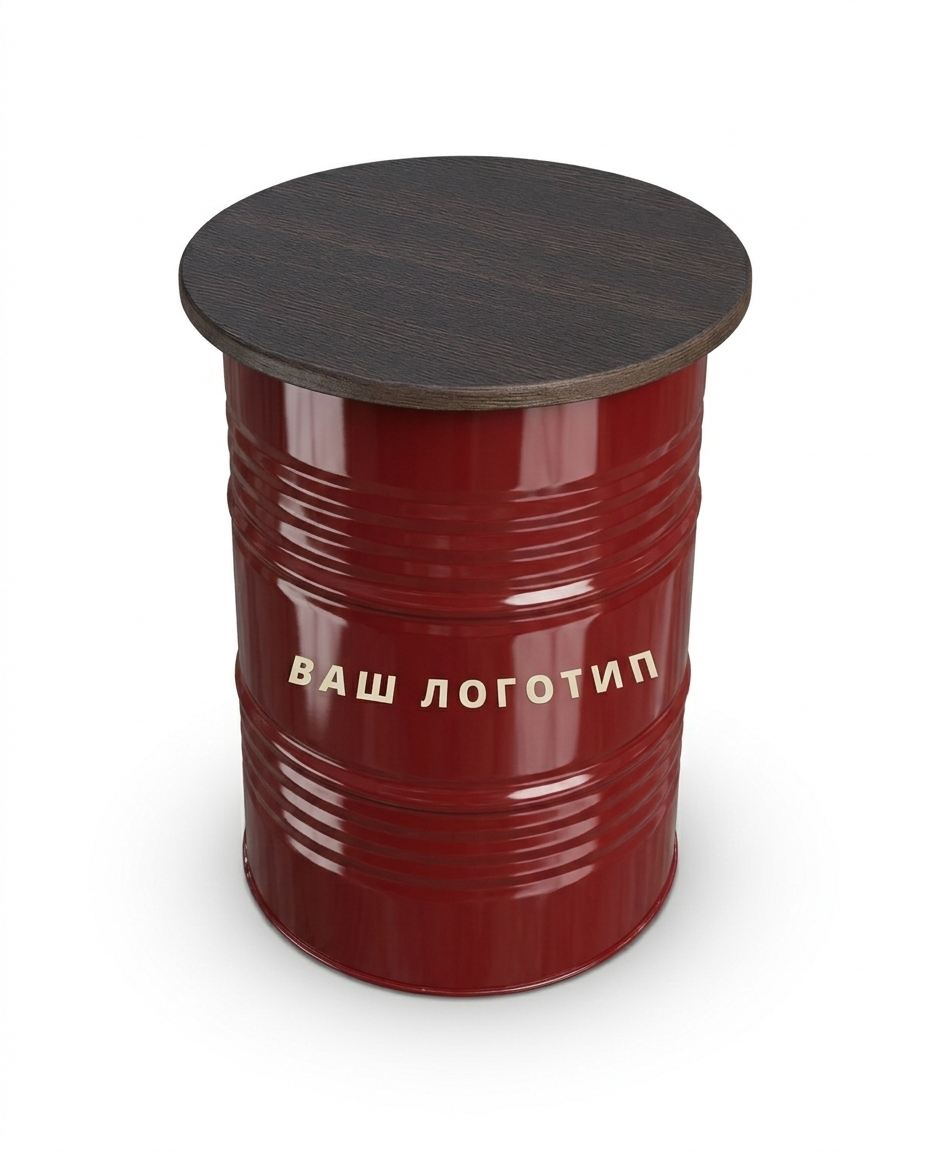 Стол барный из металлической бочки Loft с деревянной столешницей и логотипом Бордовый (RAL 3004)