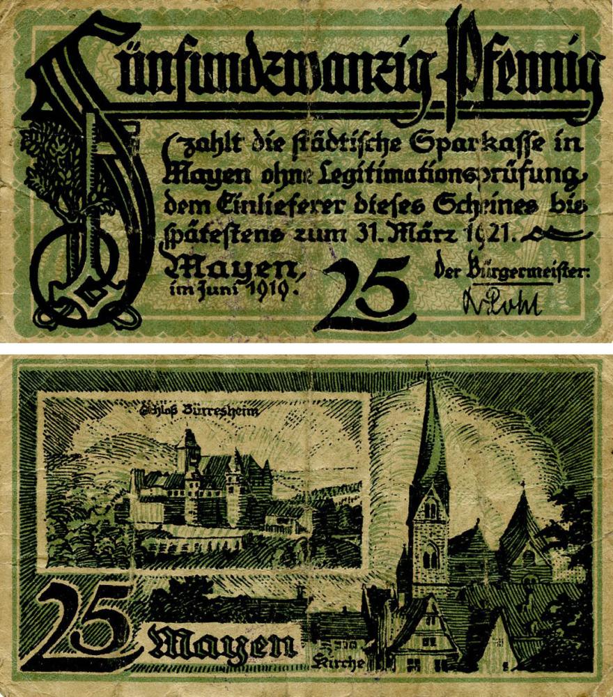 Коллекционная банкнота Германия Нотгельд 25 пфеннигов 1921 F-VF Майен (Б18539)