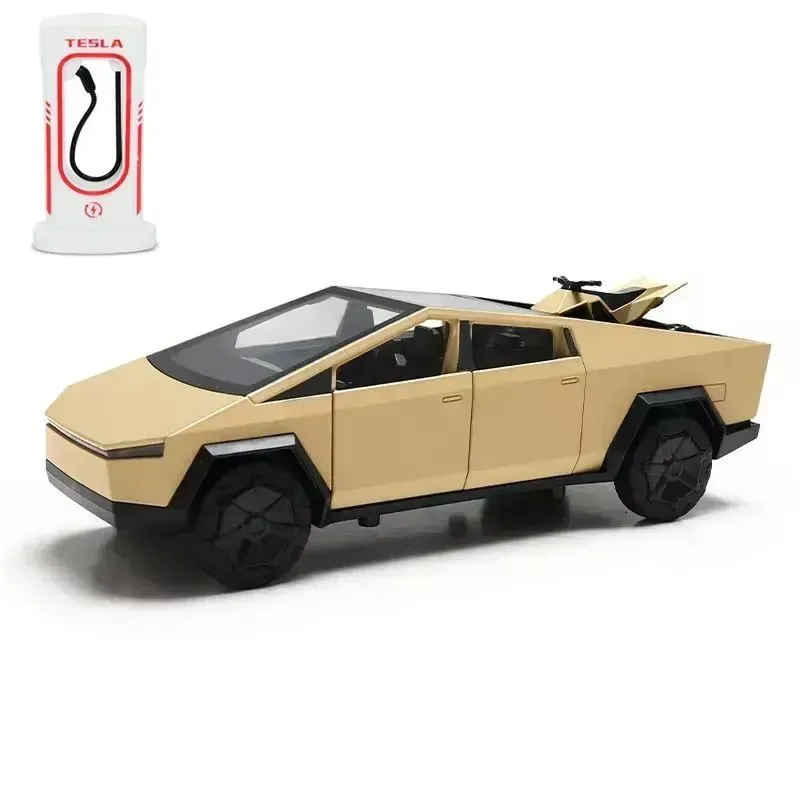 Машинка коллекционная АвтоПром Cybertruck с киберциклом инерционная из пластика и металла 18 см Бежевый (150-98-AP7721BG)