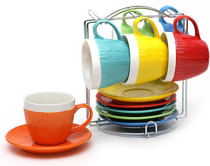 Чайный набор Вязаный орнамент 6 чашек 275 мл и 6 блюдец на подставке Разноцветный (BD-575-112) - фото 2