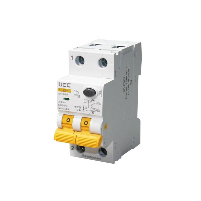 Диференційний вимикач UEC SB-R9NE 2P 25A 100mA 6kA C тип AC (RCBO60-2-025-C-100-AC)