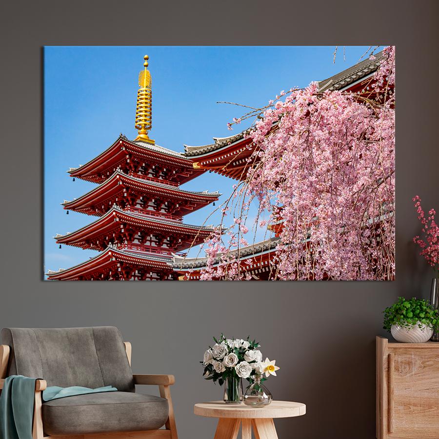 Картина город Храм Сэнсодзи и сакура 80x54 см (A861-1)