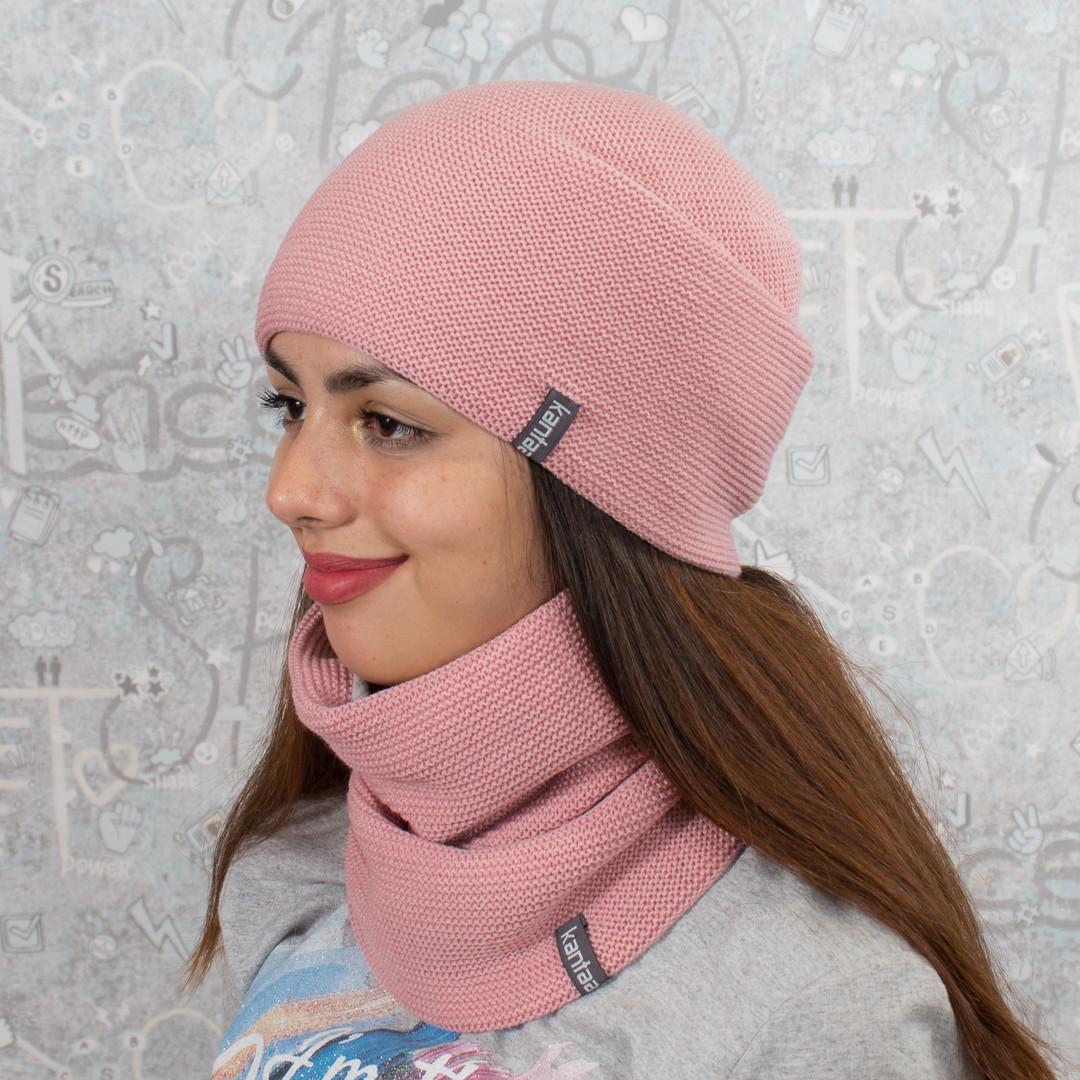 Комплект вязаный КАНТА MOD 7 шапка и снуд на флисе унисекс Пудра (OC-122)