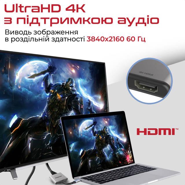 Перехідник Promate MediaLink-H2 USB Type-C to 2xHDMI 4K Grey - фото 3