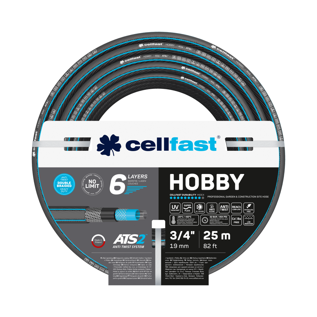 Поливочный шланг Cellfast HOBBY TSV 3/4" 25 м прочный/износостойкий/легкий и гибкий для ежедневного полива