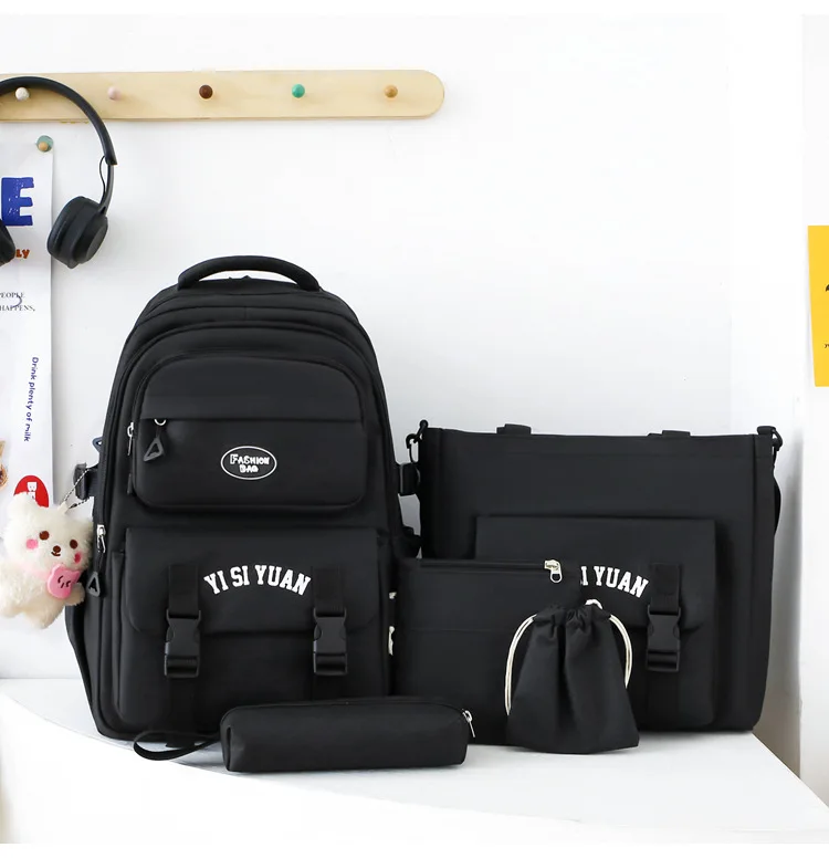 Рюкзак школьный набор 5в1 подростковый для девочки 5-11 класс сумка-шоппер/клатч/пенал Черный (28110748)