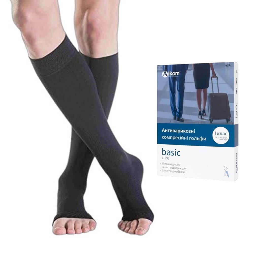 Гольфы компрессионные Алком 00101-3 1 класс 18-21 мм рт.ст. открытый носок черный (31163428)