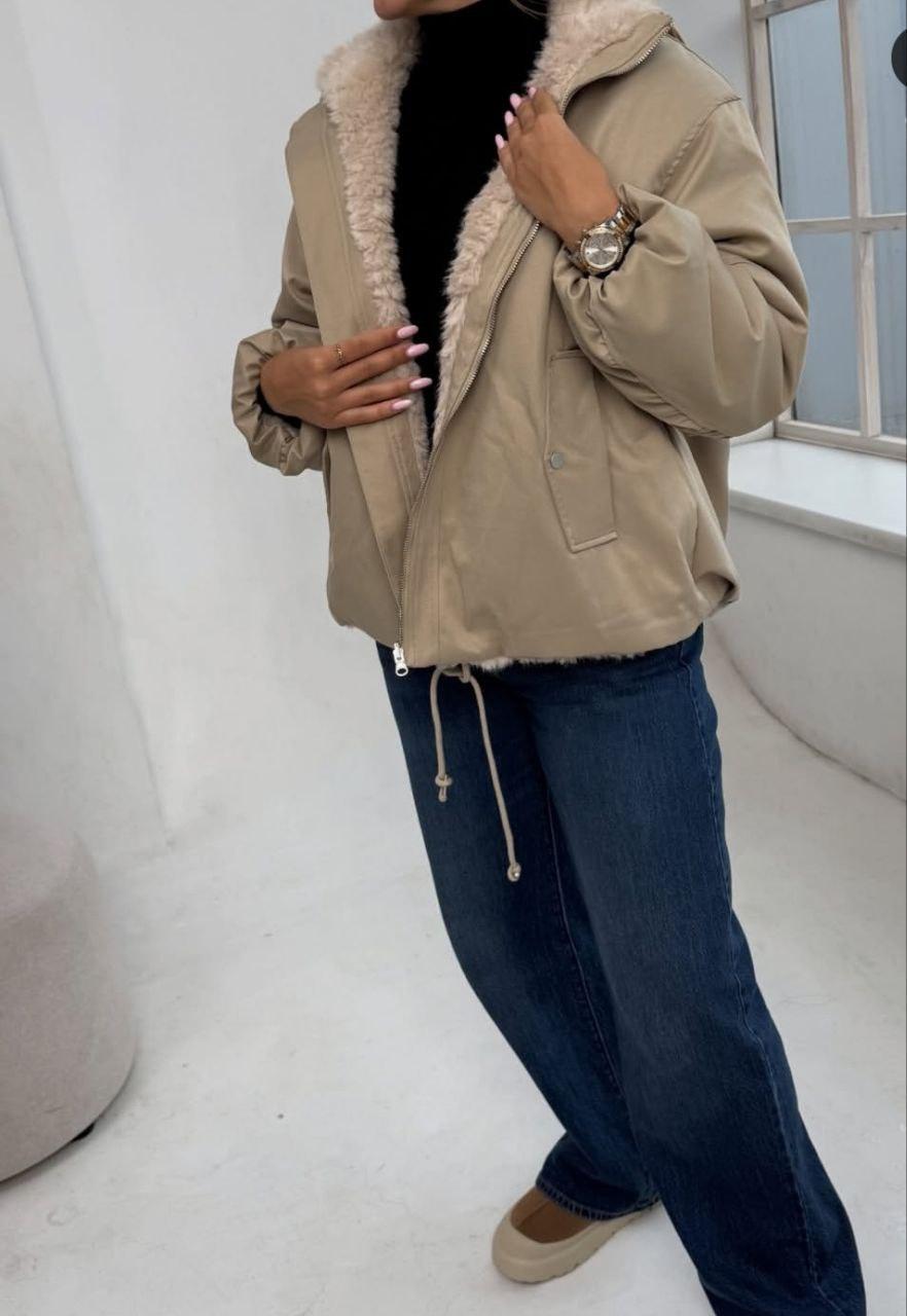 Куртка женская двусторонняя зимняя oversize широкого кроя теплая M Бежевый