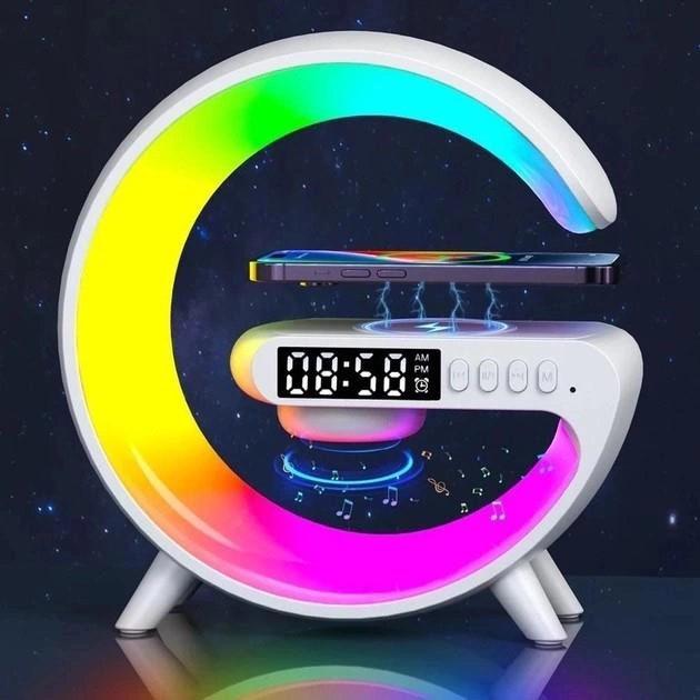 Нічник G63 міні з Bluetooth колонкою/бездротовою зарядкою 10W годинниками і RGB підсвічуванням