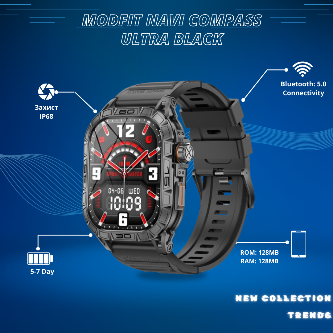 Смарт-часы Modfit Navi Compass Ultra водонепроницаемы с компасом и возможностью звонков Black (1077-0303) - фото 2