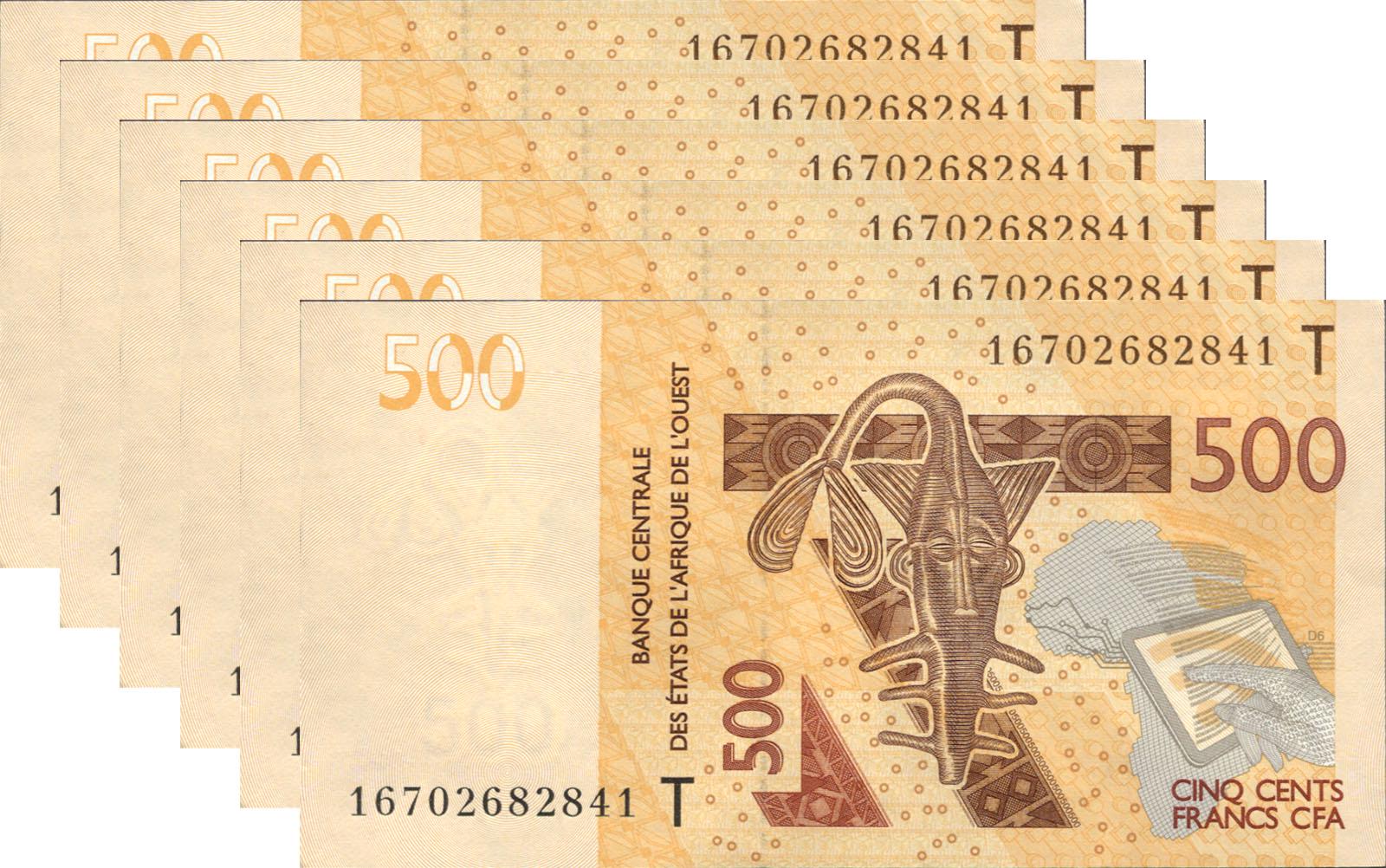 Коллекционная банкнота Того 2012 500 франков 2016 CFA 6 штук P819Te UNC