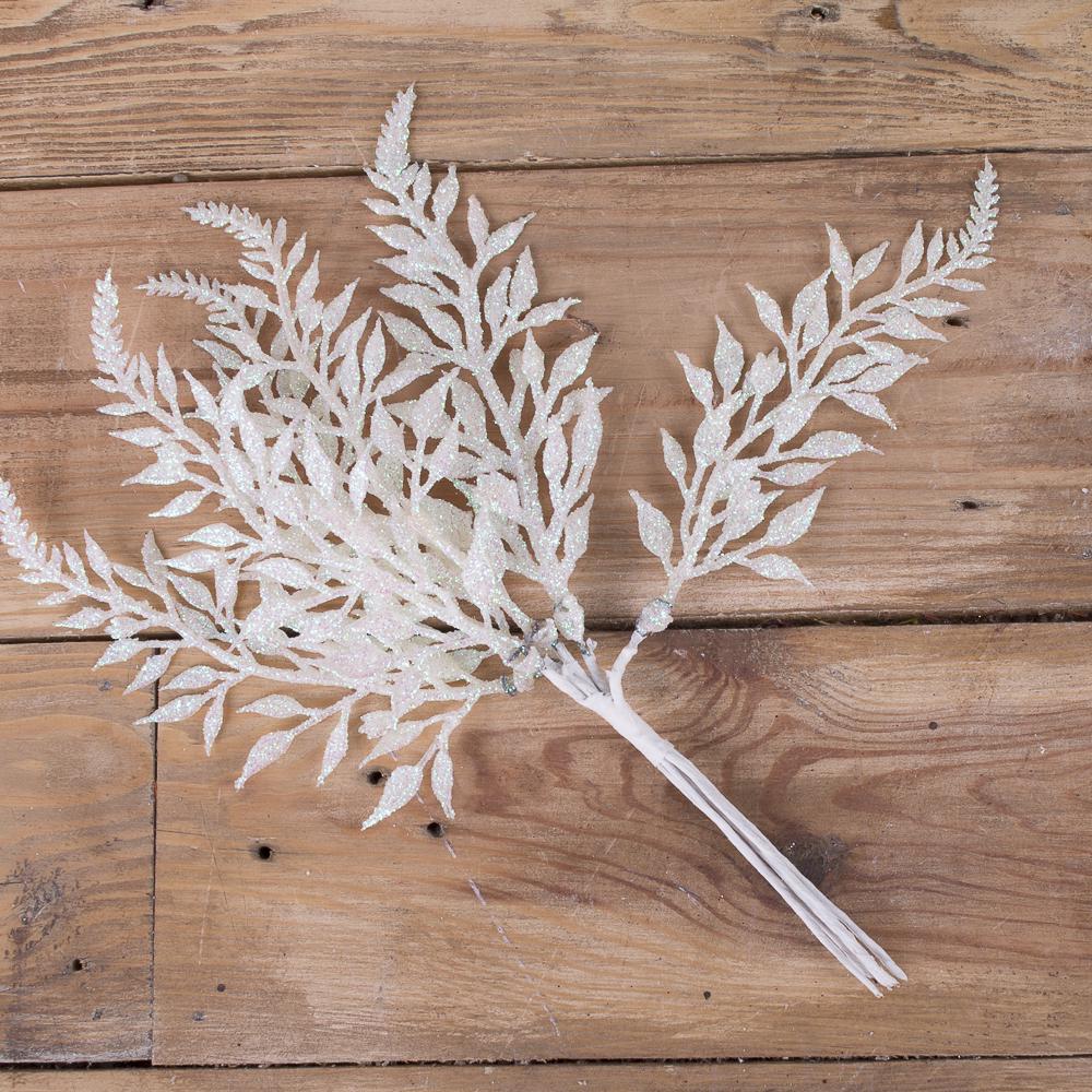 Искусственный пучок веток папоротника в блестках Белый (4115-2)