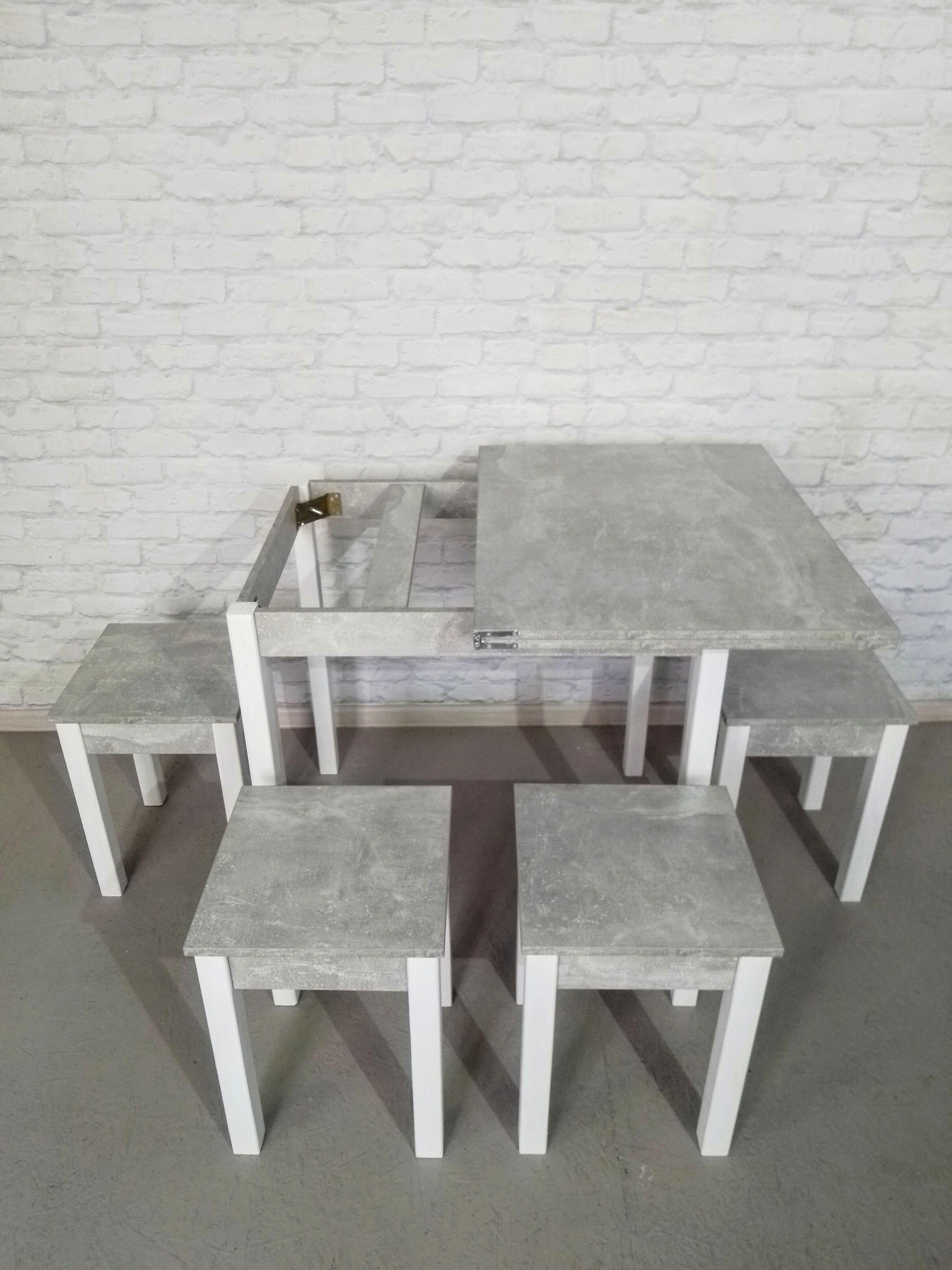 Обеденный стол раскладной и 4 табурета Вента ножки деревянные 80х60х75 см/34х34х45 см Бетон/Белый (0019) - фото 3 Обеденный стол раскладной и 4 табурета Вента ножки деревянные 80х60х75 см/34х34х45 см Бетон/Белый (0019) - фото 3