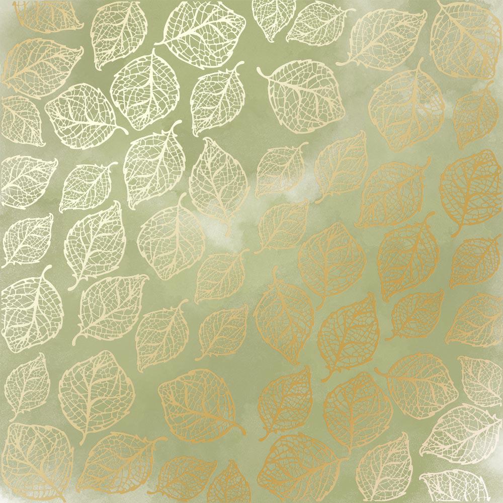 Лист бумаги односторонний Golden Delicate Leaves с фольгированием 30,5х30,5 см Olive/Watercolor