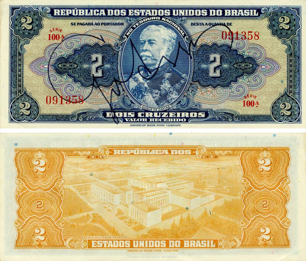 Коллекционная банкнота Бразилия 2 крузейро 1944 AU-UNC Подпись от руки на банкноте P133 (Б15871)