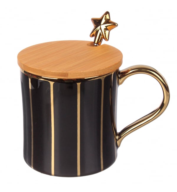 Чашка керамическая Black&Gold 420 мл с ложечкой и крышечкой