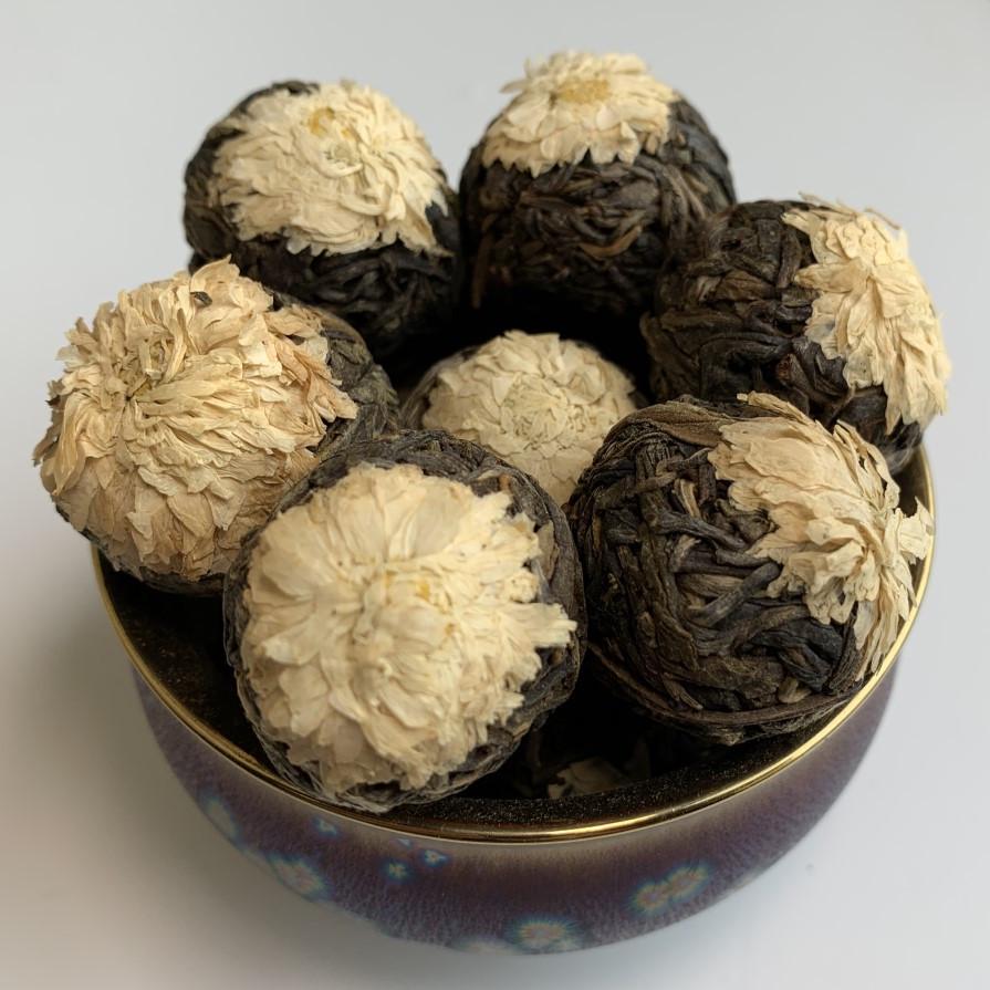 Чай Шен пуэр связанный с хризантемой жемчужина дракона 100 г