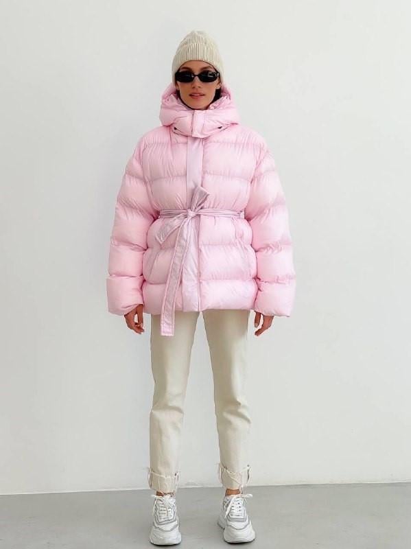 Куртка зимняя женская ZF Inspire 2023 короткая с капюшоном и поясом S-M Розовый (2023-Р-S-M)