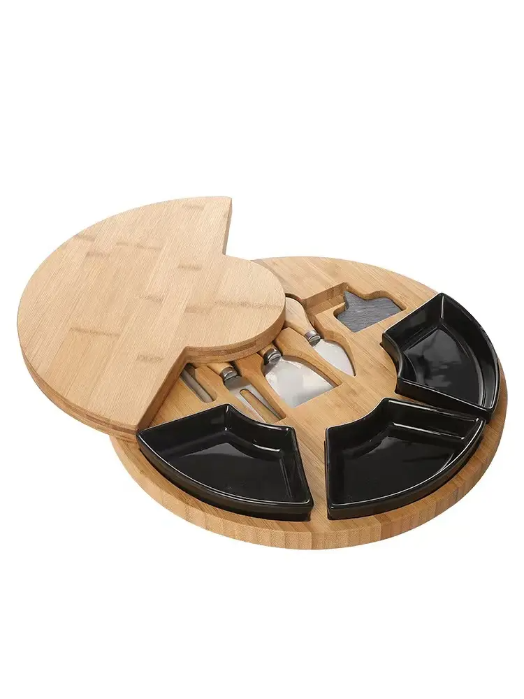 Доска разделочная из бамбука круглая с соусниками ножами лейблом и мелом 33 см Черный