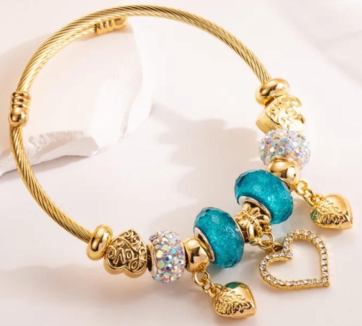 Браслет Twisted Rope с подвесками в форме сердец и шармами Blue/Gold (2761673695)