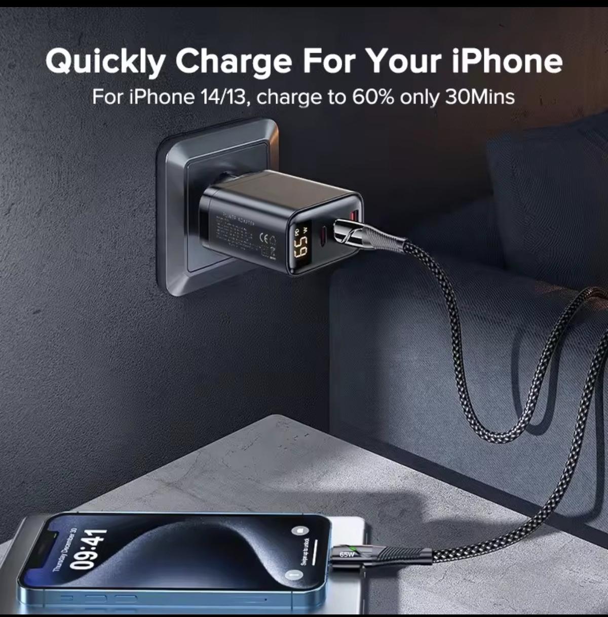 Зарядний пристрій TUODES 65w GAN PD 2xUSB-C+USB-A з дисплеєм (30807545) - фото 9 Зарядний пристрій TUODES 65w GAN PD 2xUSB-C+USB-A з дисплеєм (30807545) - фото 9