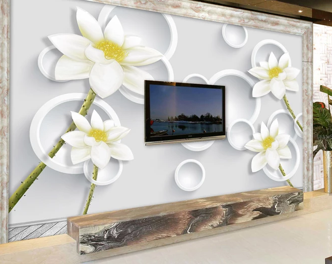 Фотообои 3D флизелиновые цветочные для спальни/зала/кухни Белые цветы с белыми кругами