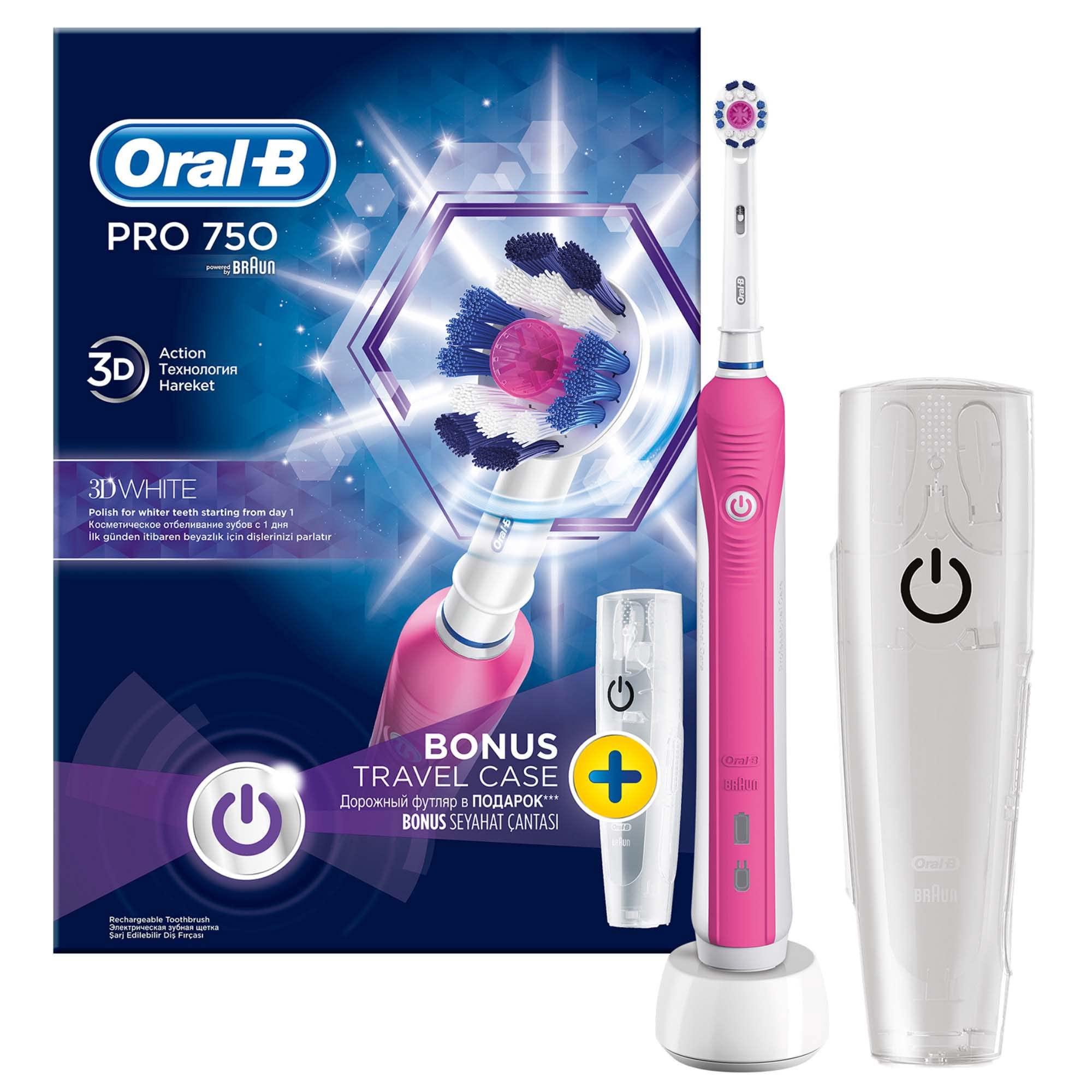 Электрическая зубная щетка Oral-B Pro 1 750 3D White + футляр Pink (4366536)