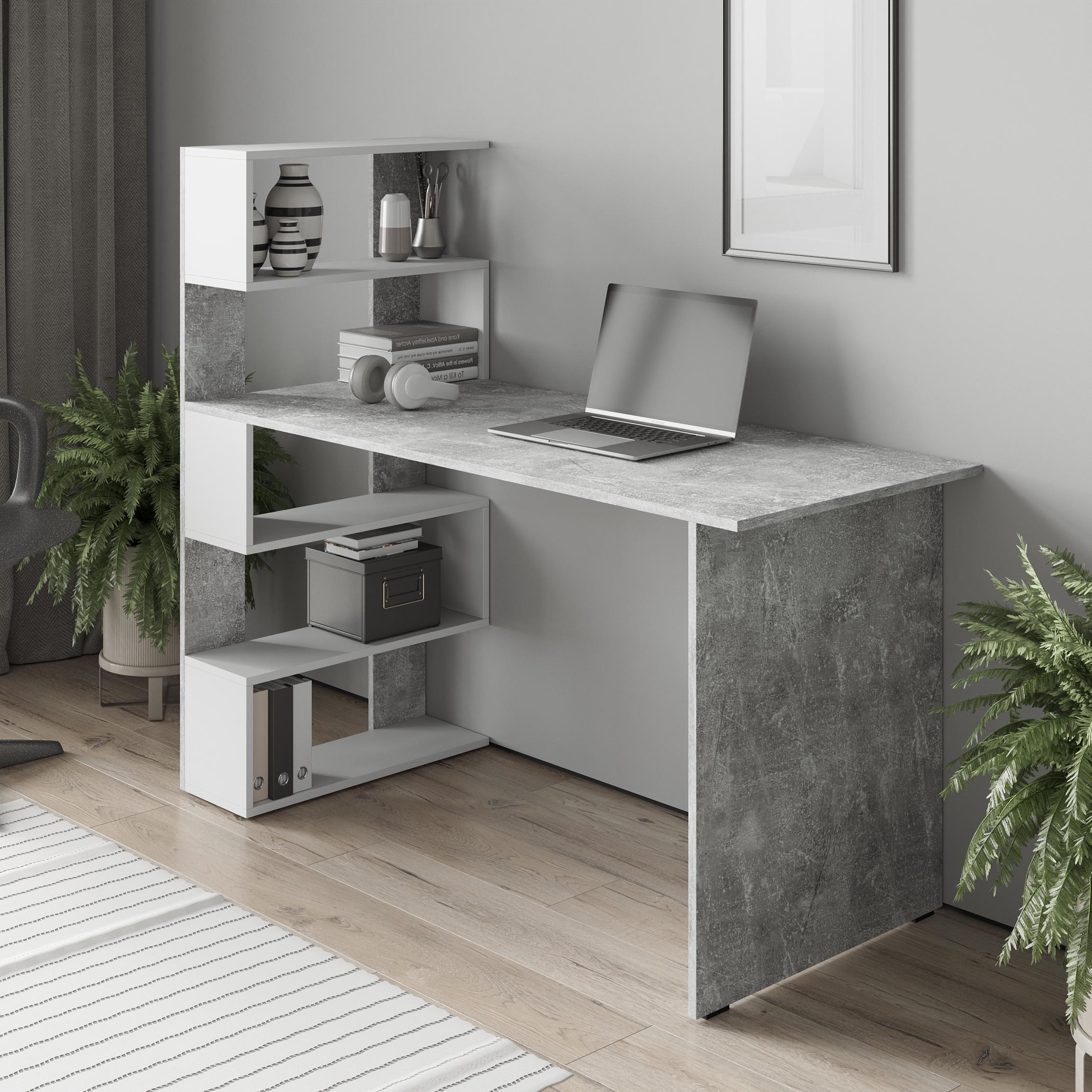 Стіл комп'ютерний СТК-10 з полицями 1416х1226х600 мм Бетон/Білий