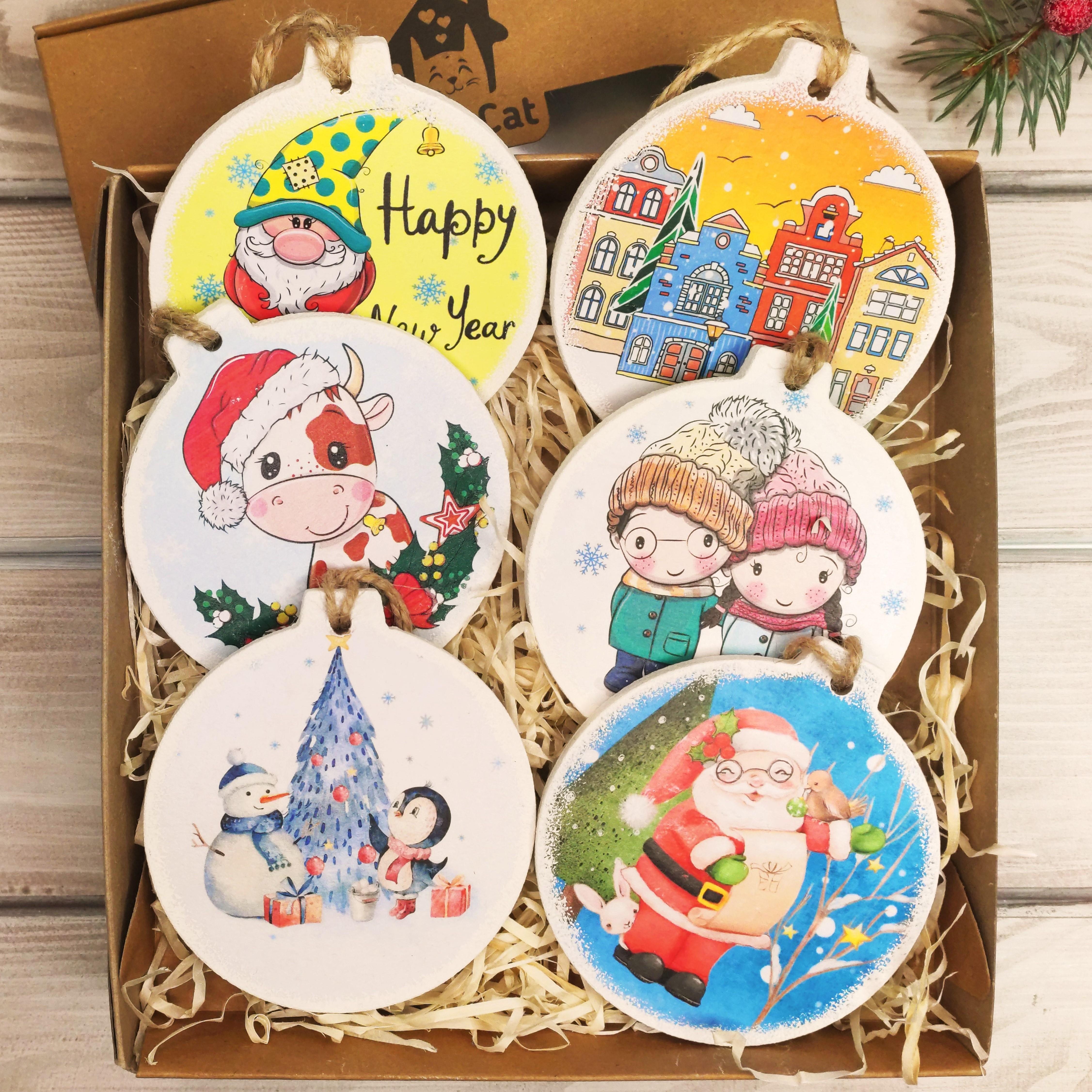 Новогодние игрушки из дерева Шары GrayCat 6 шт. 9 см.