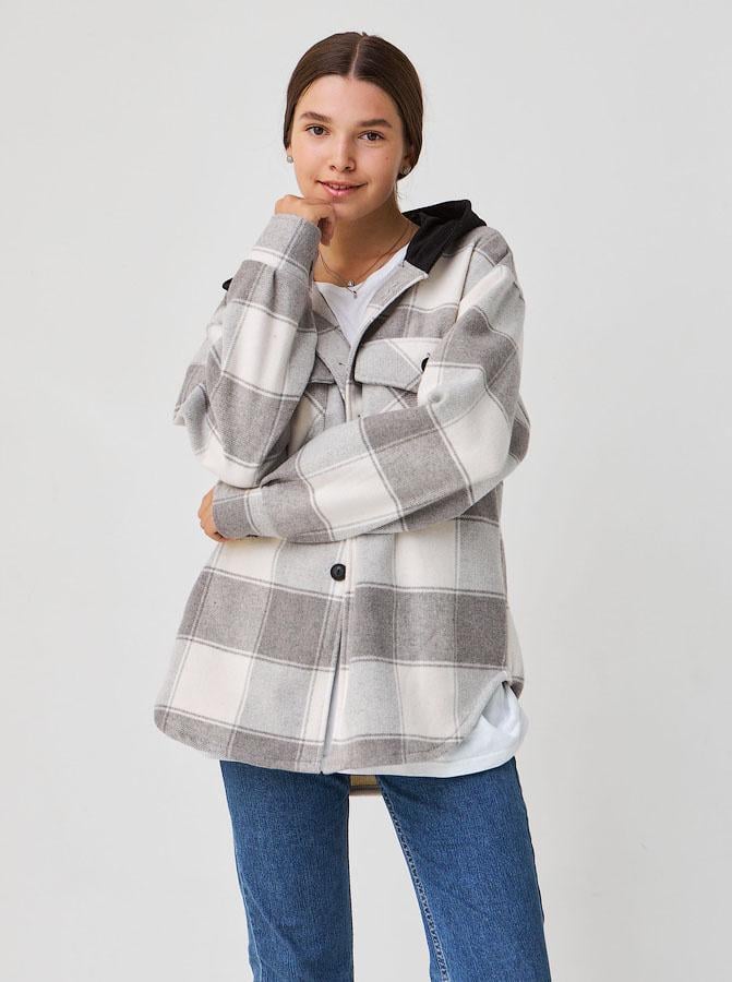 Рубашка утепленная с капюшоном Клетка 1506 164 см Серый (158128)