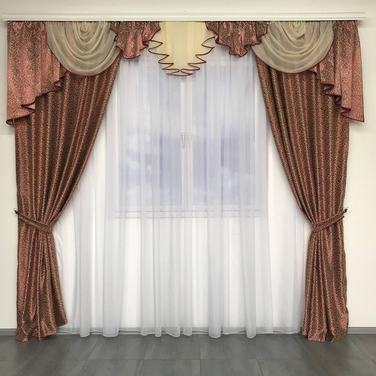 Готовые плотные шторы для зала блекаут 150х270 см 2 шт. с ламбрекеном ALBO Бордовые