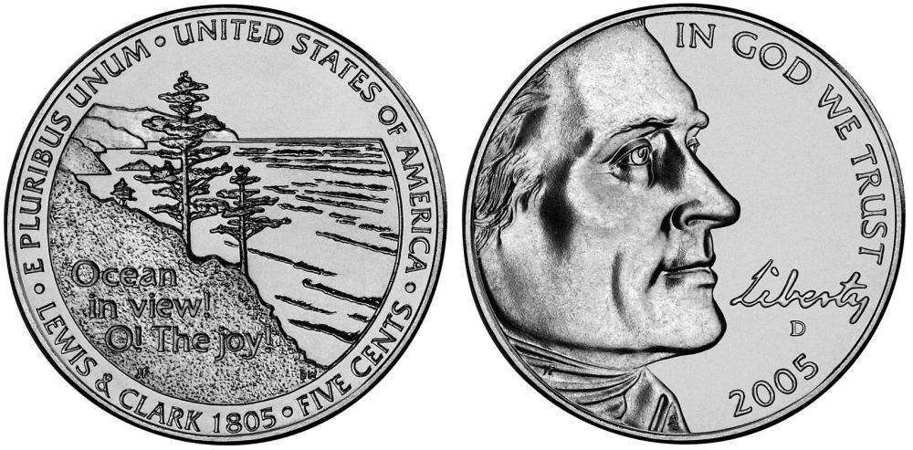 Коллекционная монета США 5 центов 2005 200 лет экспедиции Льюиса и Кларка - Выход к океану VF (KM#369)