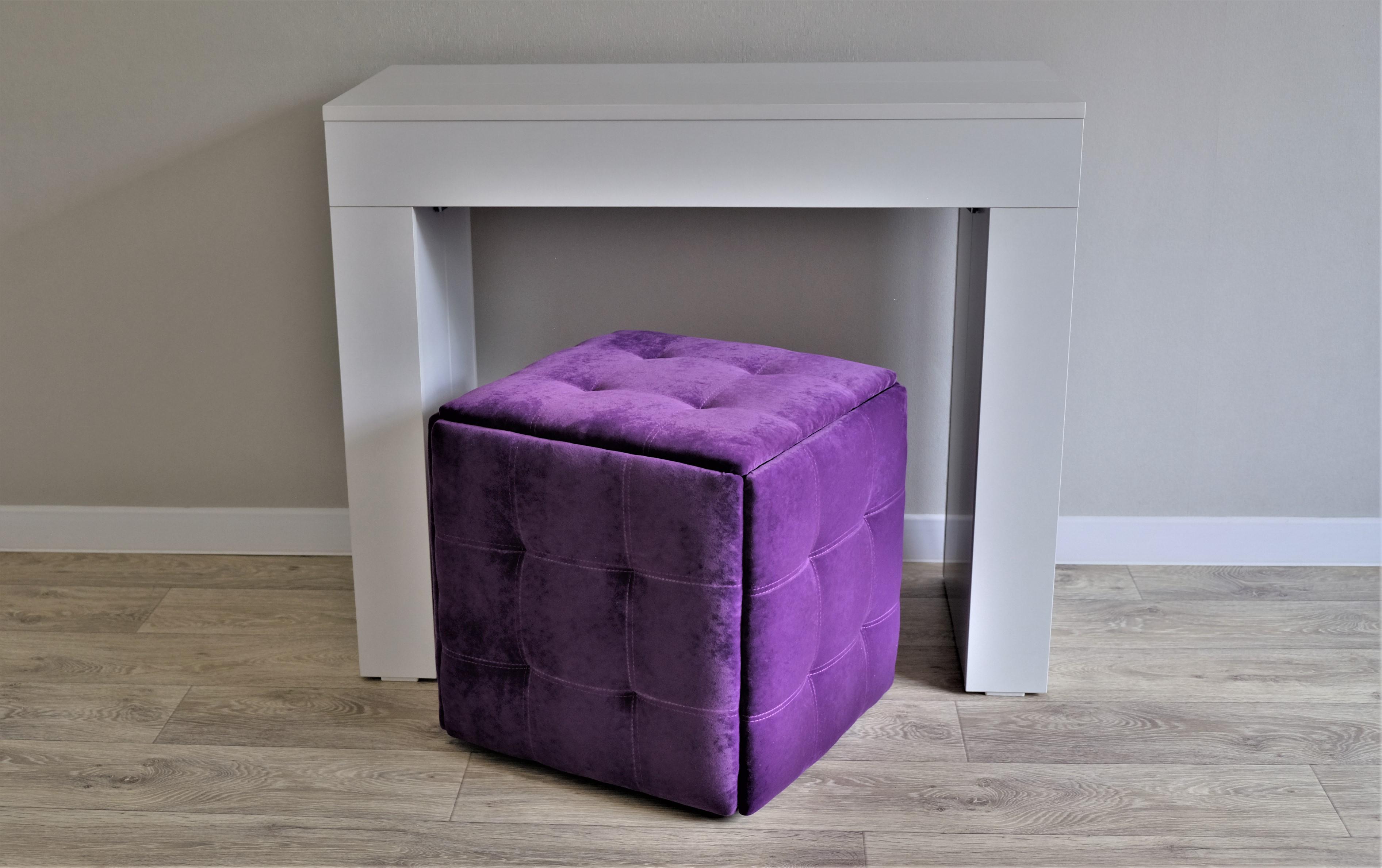 Комплект стіл консоль розкладний Vi-Tall поворотна опора метал 3200х900 мм та пуф 5в1 релакс велюр Білий/Фіолетовий