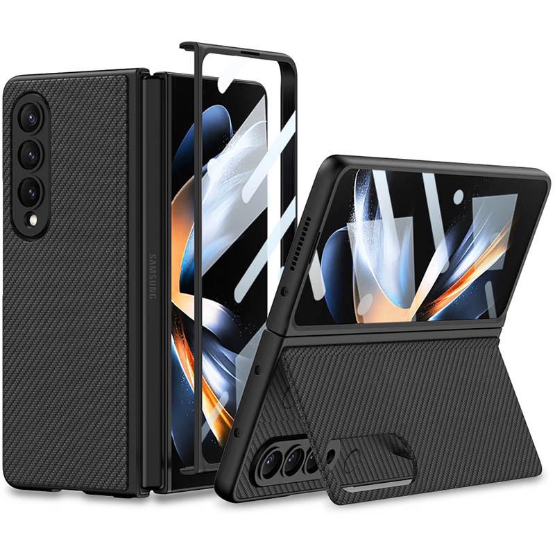 Противоударный кожаный чехол GKK 360 + Glass с подставкой для Samsung Galaxy Z Fold4 Carbon
